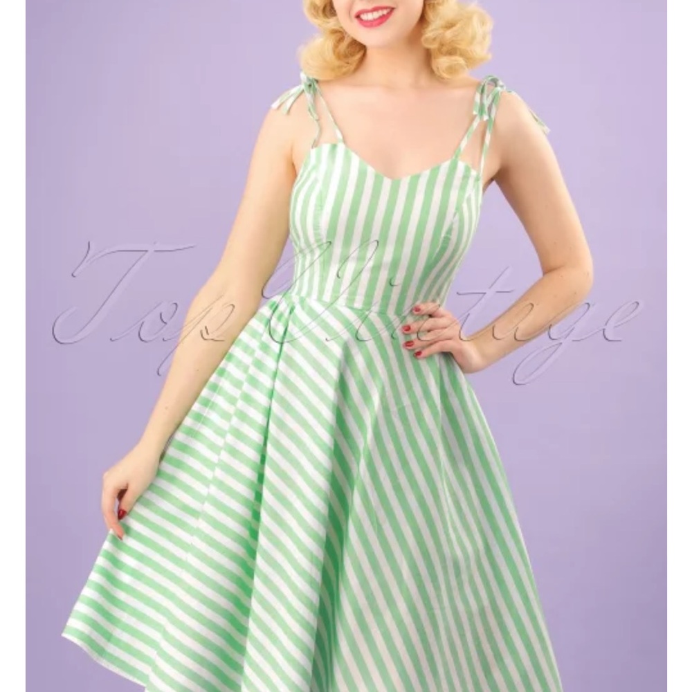 Mint Green and White Banned Retro Dress with Spaghetti Straps